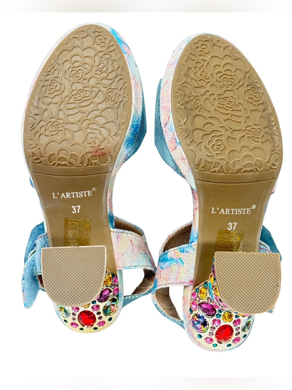 L'ARTISTE Smashing Blue Floral Sandal Multicolor Jeweled Block Heel - Picture 13 of 13